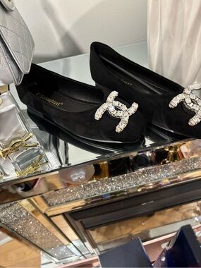 Black Crystal-Embellished Suede Ballet Flats